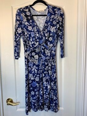 Blue Floral Faux Wrap Midi Dress Size L | 3/4 Sleeve Stretch Dress Travel Vacay